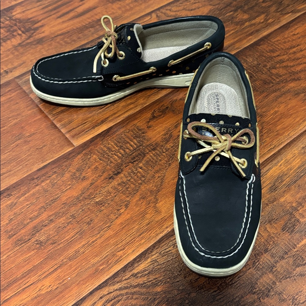 Sperry Women Top-Sider Black Gold Dot Leather Boat Shoe Sz 8.5